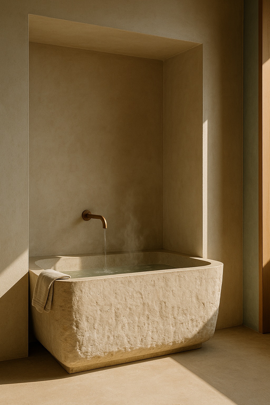A bath carved from a single limestone block in a plaster niche, one bronze spout, one folded linen towel.
