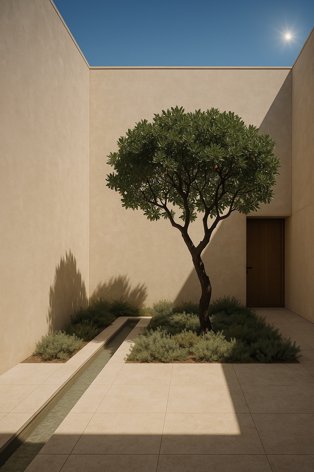 A planted court between plaster walls: one strawberry tree, low heath, a still water channel.