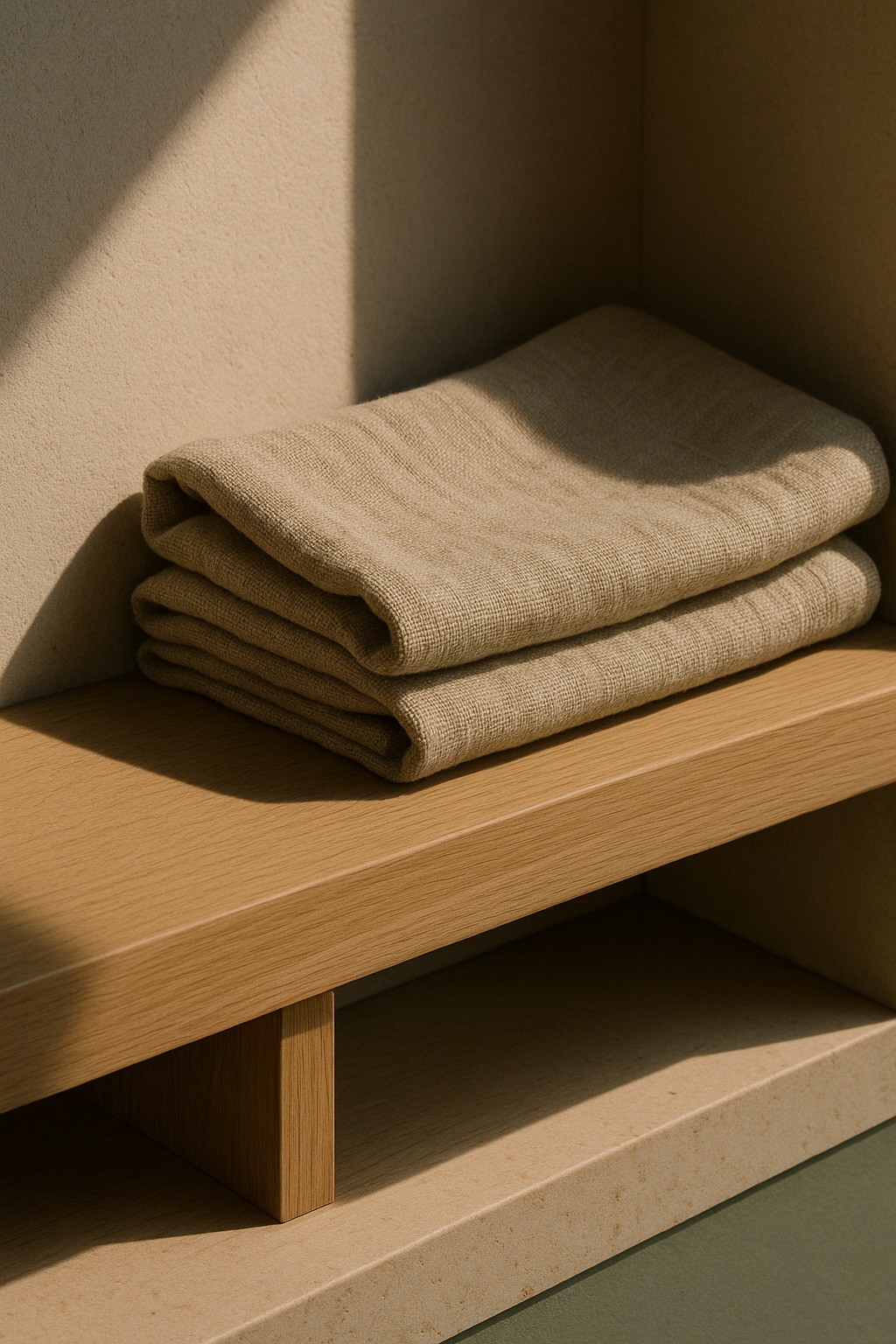 Heavy flax linen folded on a white oak shelf, raking light showing the weave.