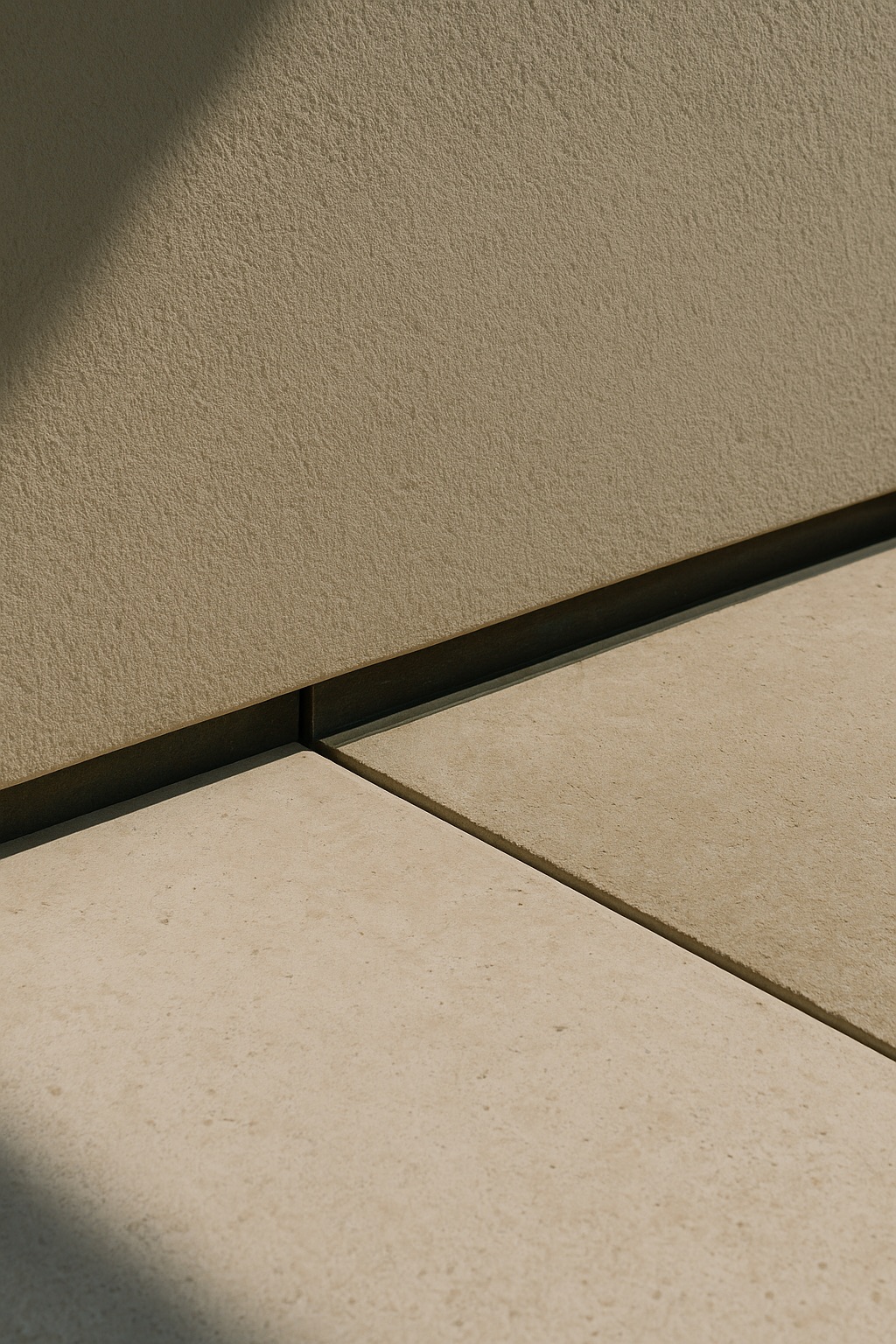 Close-up of a limestone floor meeting a plaster wall with a recessed bronze shadow gap.