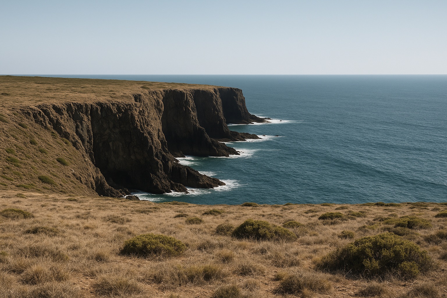 Dark schist cliffs breaking into the Atlantic below a plateau of dry grass and low heath.
