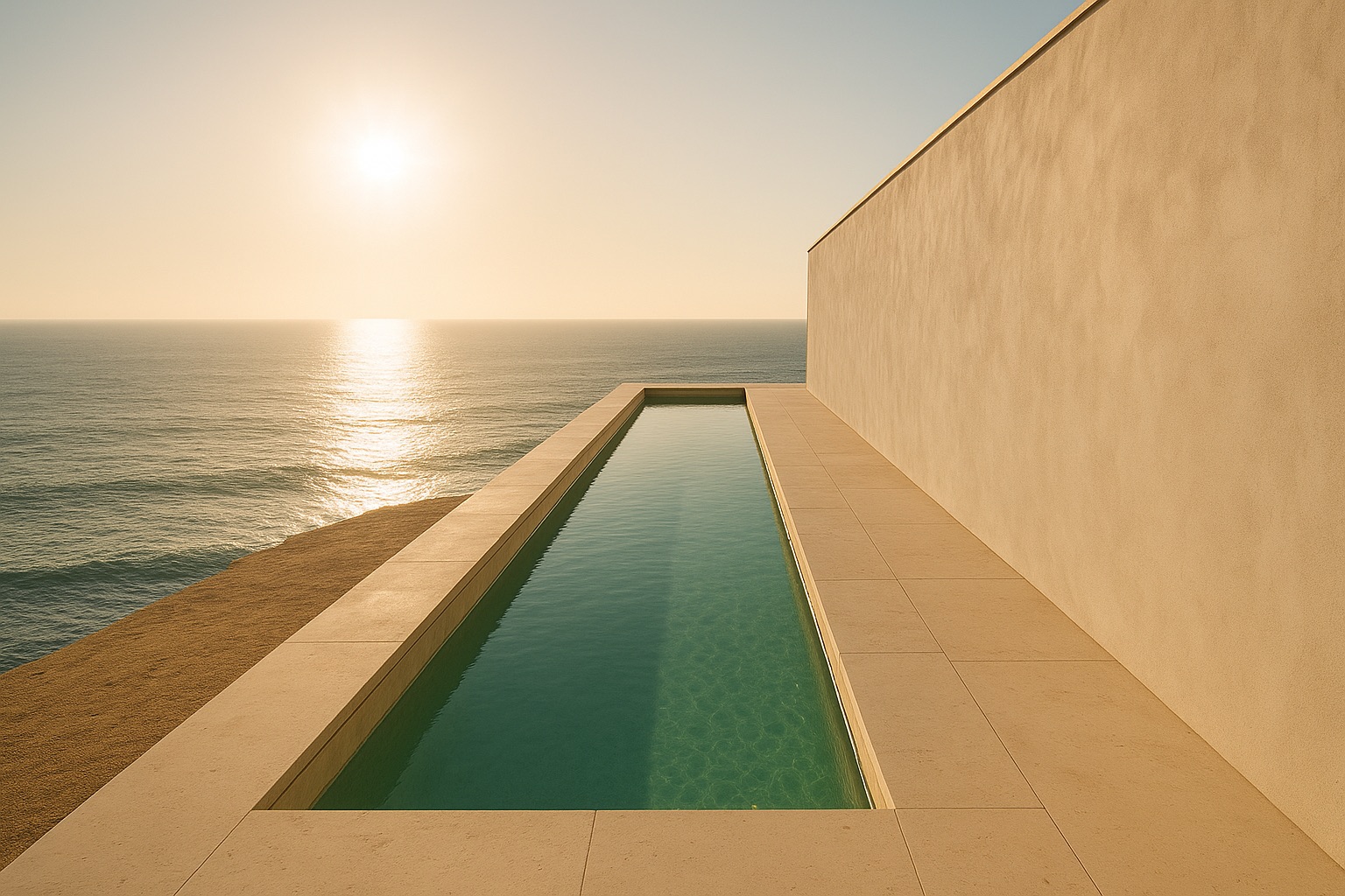 A long limestone pool aligned exactly with the Atlantic horizon, one plaster wall along its side.