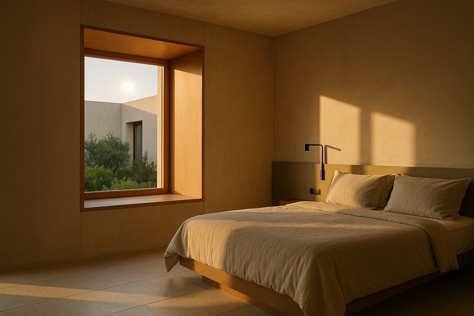 Bedroom at first light: low morning sun through a deep oak-lined reveal onto a bed in flax linen.
