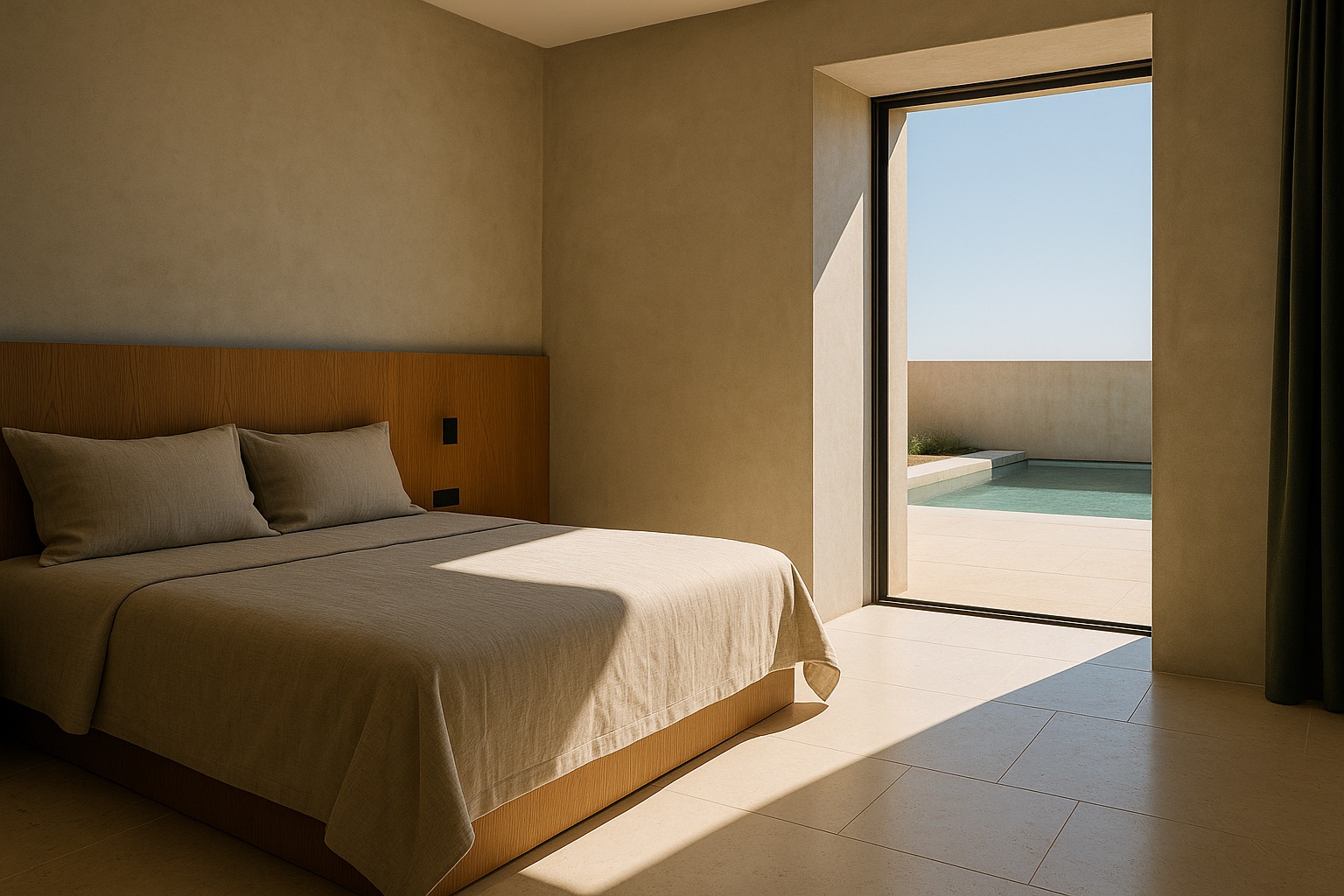 Bedroom at midday: a sharp trapezoid of high sun cast on a limestone floor through a deep reveal.