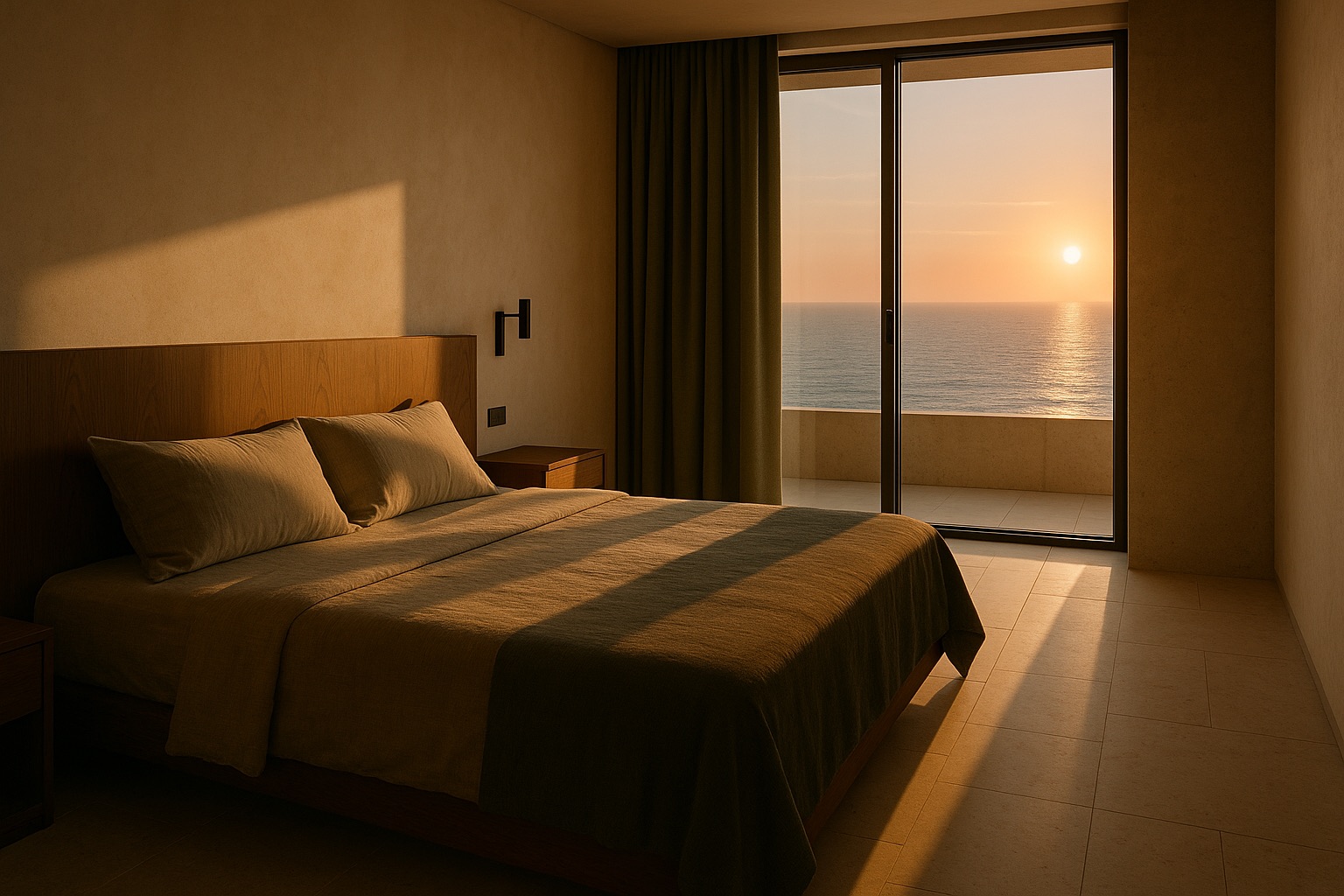 Bedroom at dusk: low golden light over the Atlantic horizon through a full-height window.