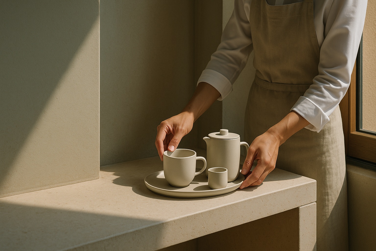 Hands placing a pale ceramic coffee service on a deep limestone window ledge in morning light.