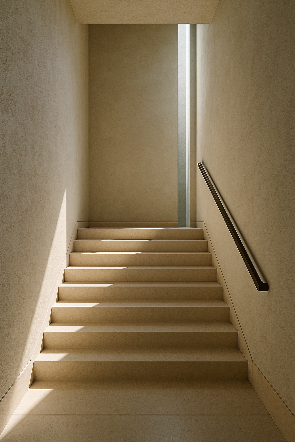 A pale limestone stair between plaster walls, crossed by one blade of light from a high aperture.