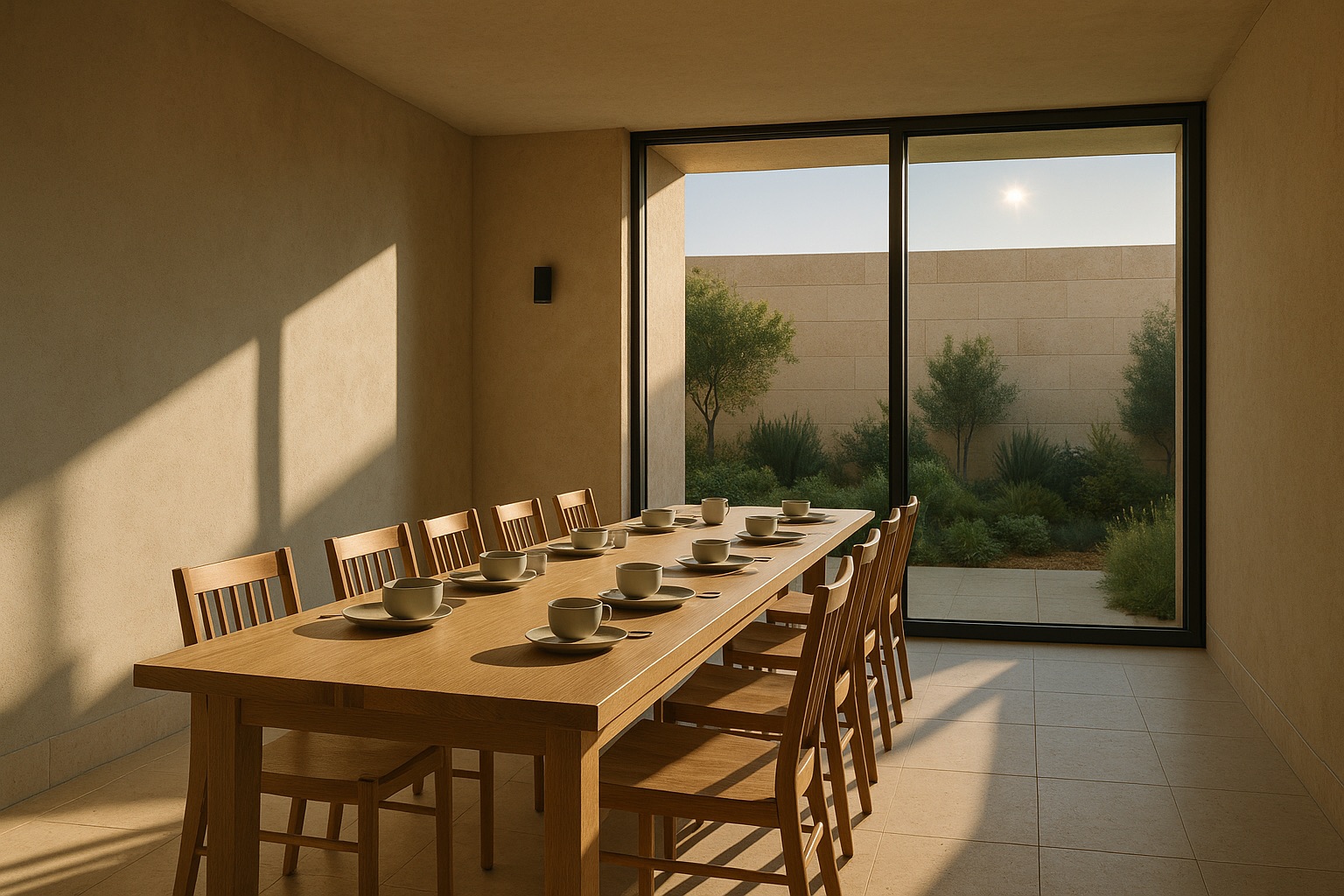 A long white oak breakfast table set with pale ceramics, morning light laying a band along its length.